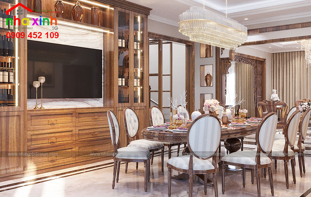 Không gian bàn ăn nội thất gỗ kết hợp cổ điển đẹp sang 