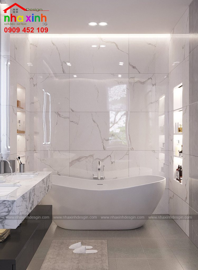Bồn tắm, Lavabo và các hệ tủ âm tạo nên không gian đẹp mắt của căn phòng wc