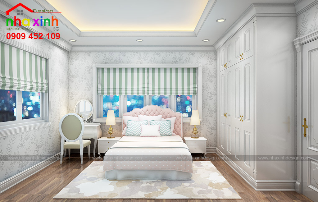 Thiết kế phòng ngủ kết hợp những ô cửa kính lớn để lấy sáng tự nhiên, hiệu quả