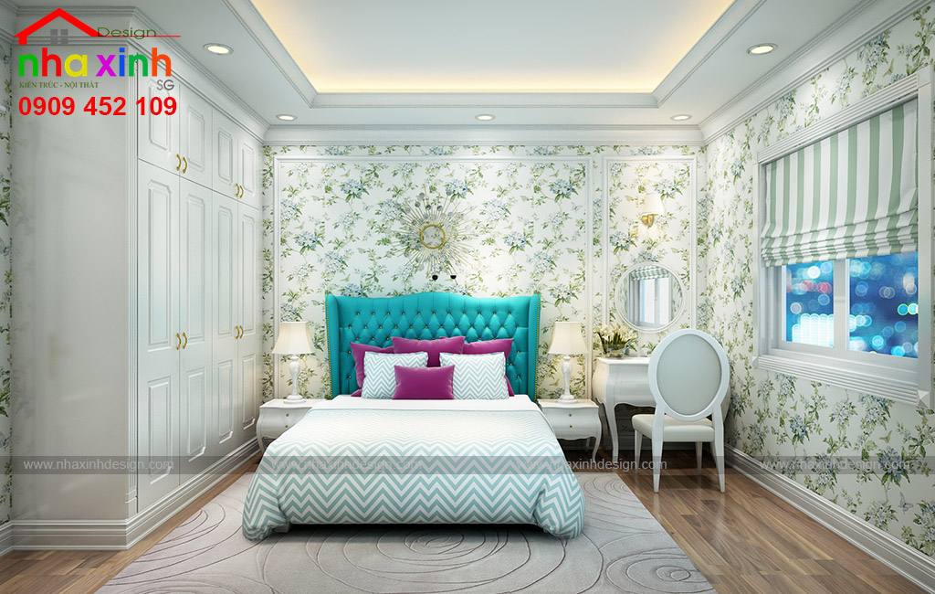 Không gian phòng ngủ được điểm nhấn bởi màu xanh ngọc giúp không gian thêm phần sinh động