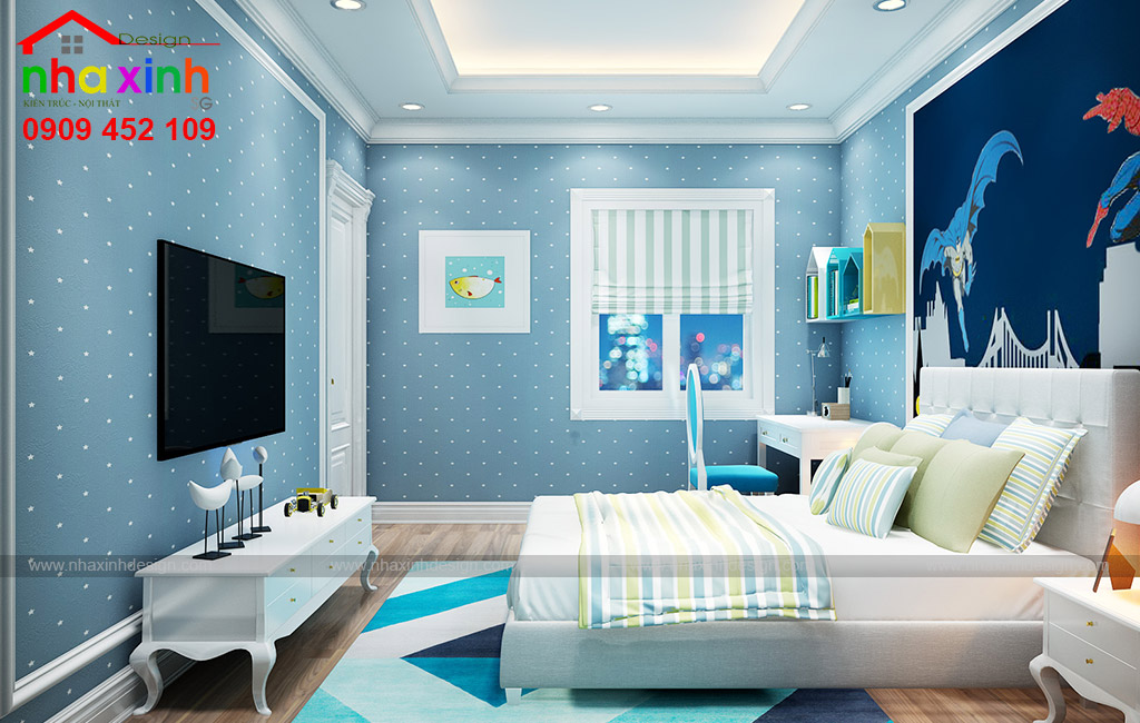 Thiết kế phòng ngủ biệt thự cổ điển 4 tầng kiểu Pháp với gam màu xanh trẻ trung & sinh động