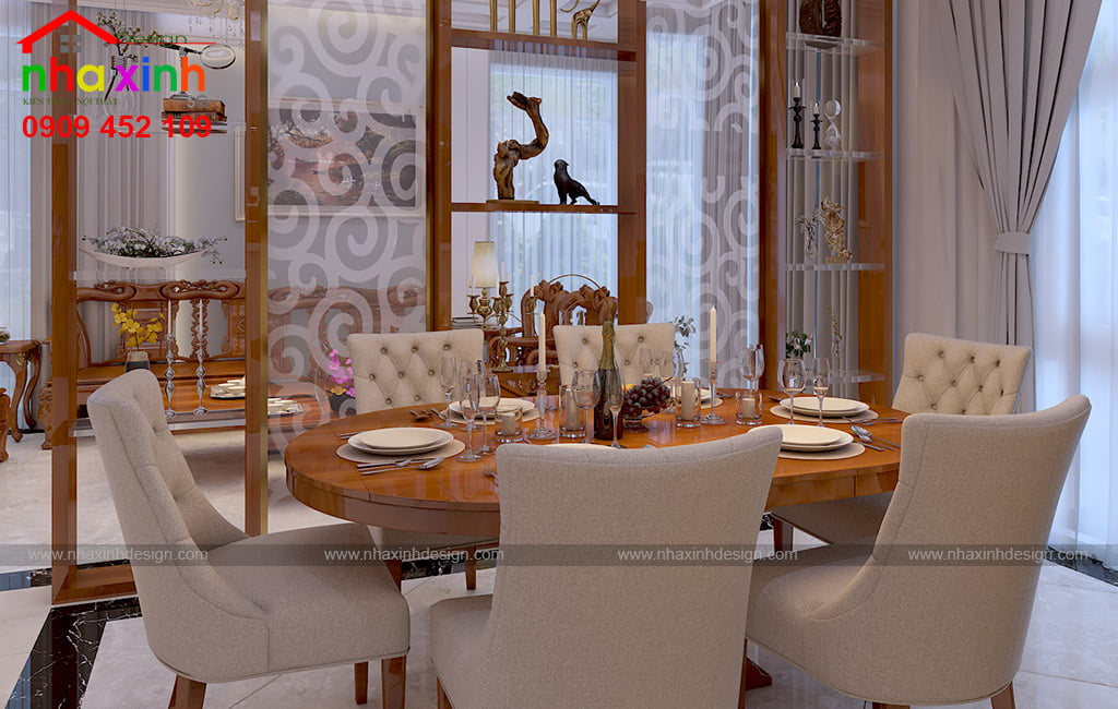 Không gian bàn ăn biệt thự hiện đại được thiết kế sang trọng và lung linh