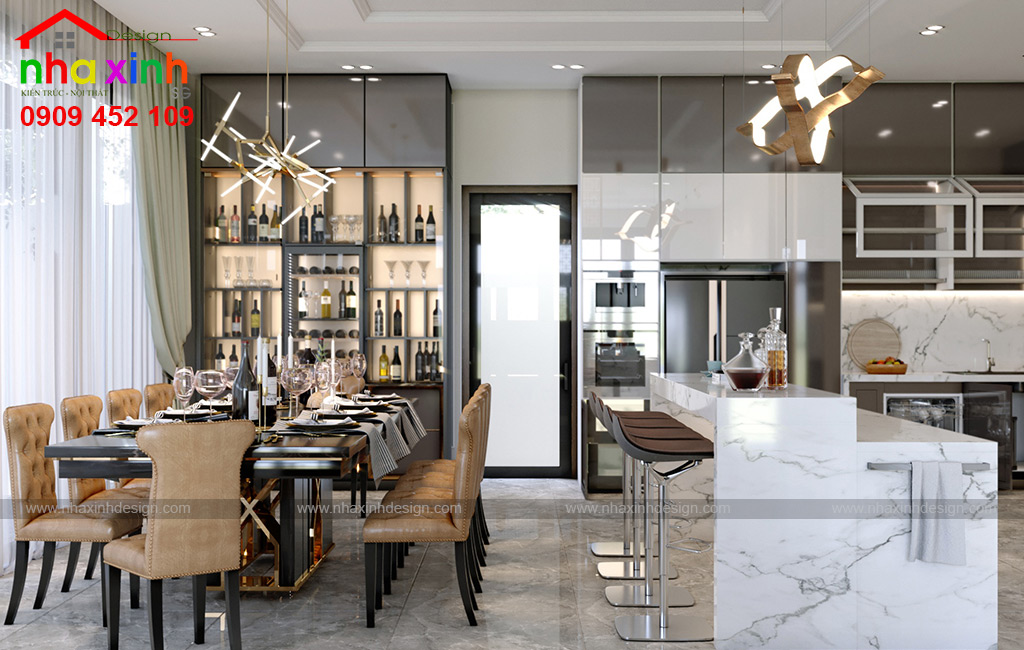 Một không gian bếp ăn được thiết kế đầy đủ mọi tiện ích