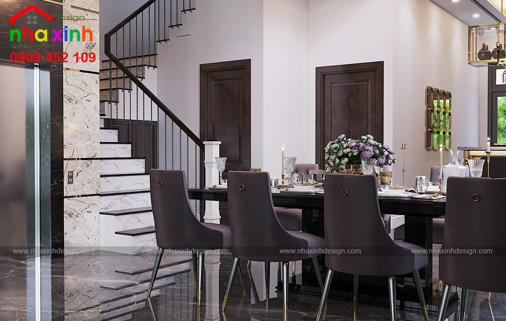 Phong cách thiết kế bàn ăn đậm chất châu âu của biệt thự hiện đại 3 tầng mặt tiền tạo nên 
