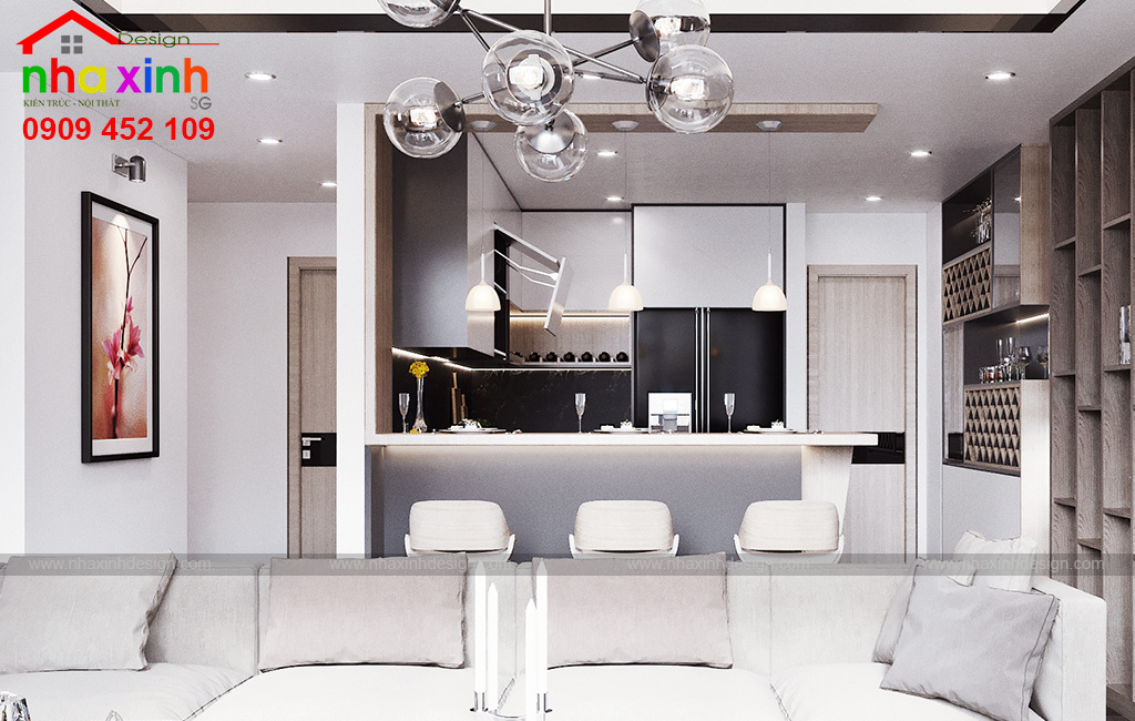 Gian bếp thiết kế tiện nghi liên kết ngay với không gian phòng khách