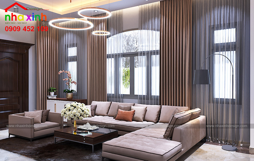Bộ sofa phòng khách của biệt thự tân cổ điển 2 tầng đẹp đơn giản với gam màu tươi tắn thanh lịch