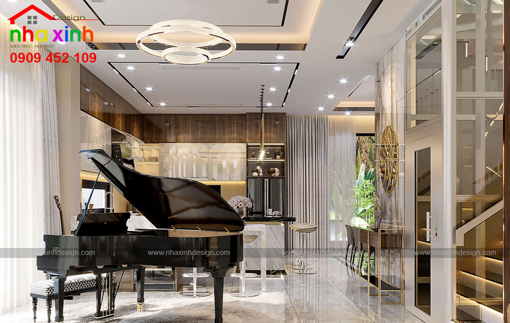 Một khoảng không gian rộng lớn để bố trí cây đàn piano trong mẫu biệt thự hiện đại đẹp