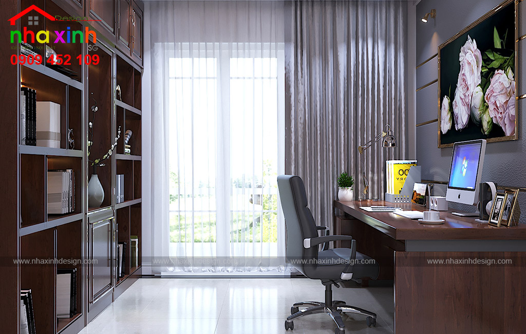 Nội thất phòng làm việc được thiết kế cạnh khung cửa sổ lớn giúp lấy sáng tự nhiên hiệu quả