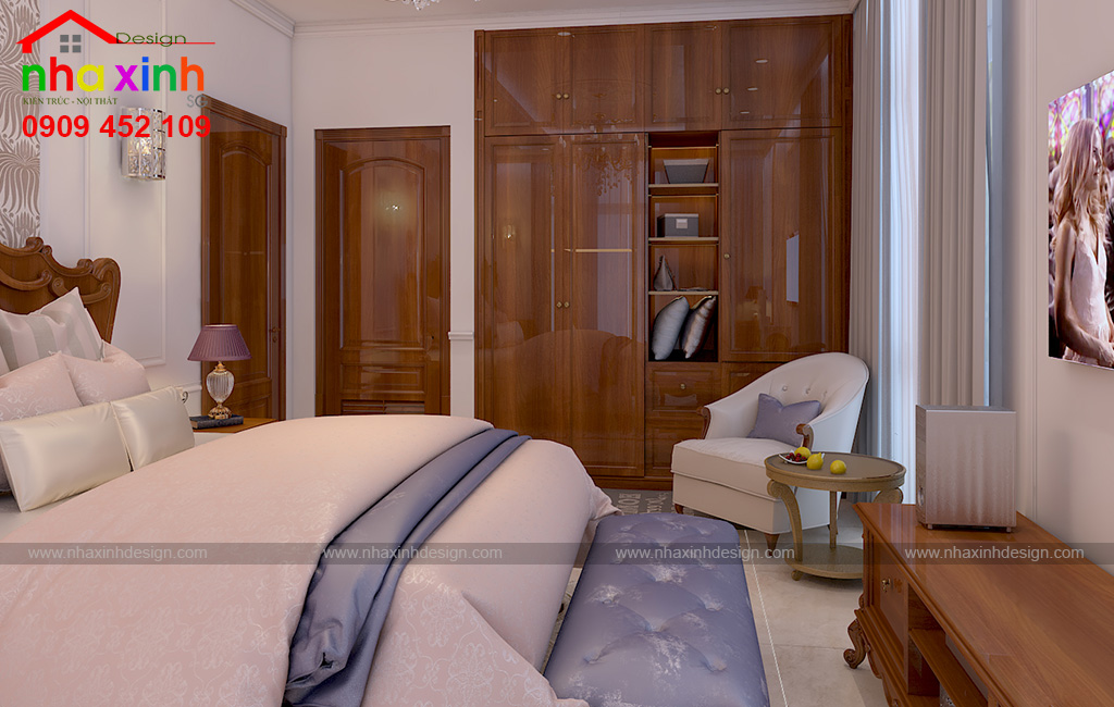 Thiết kế nội thất phòng ngủ master với gam màu hồng nhẹ nhàng của mẫu biệt thự hiện đại đẹp