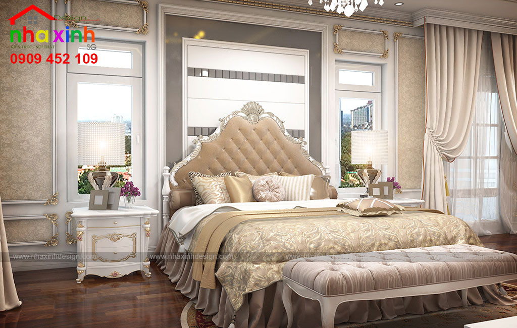 Giường ngủ được lựa chọn với tone màu vàng nhẹ trầm ấm
