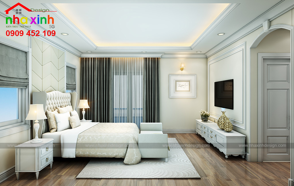 Không gian phòng ngủ master với hệ thống ánh sáng trầm ấm tạo cảm giác thư giãn