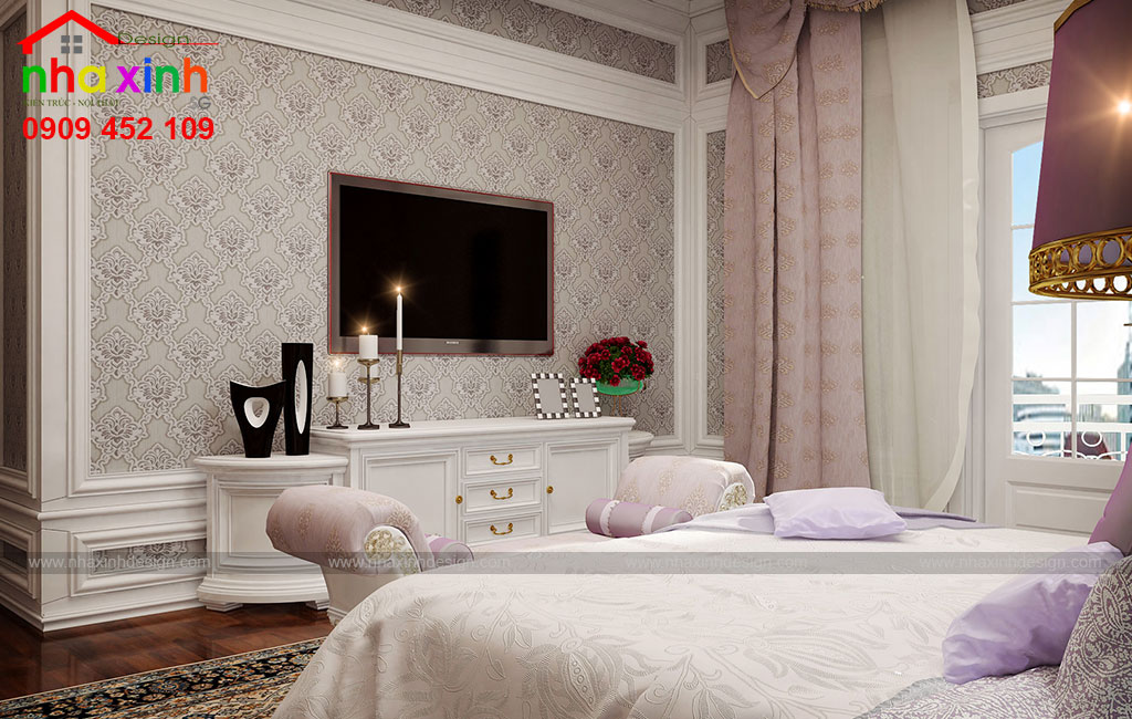 Mảng tường phòng ngủ được thiết kế với các họa tiết hoa văn tinh tế