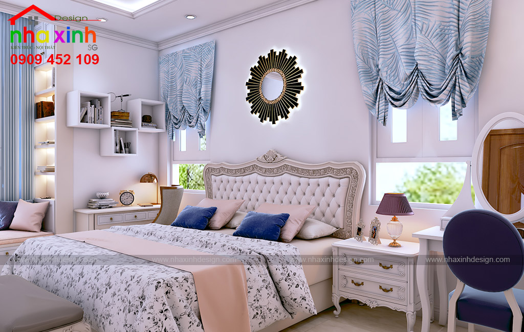 Thiết kế phòng ngủ con gái nhỏ với 2 màu hồng và xanh trong mẫu biệt thự hiện đại đẹp