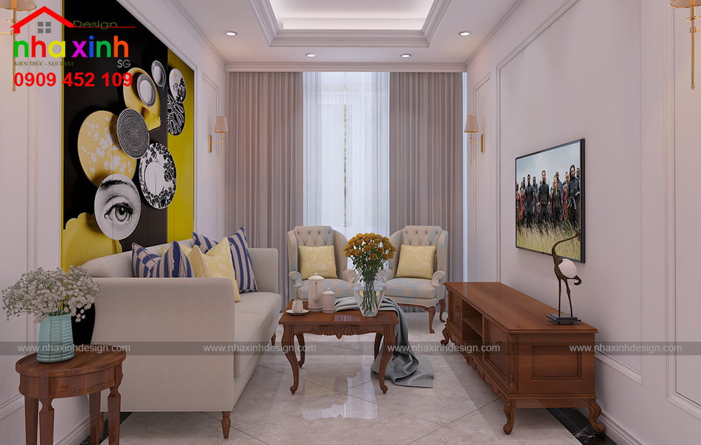 Không gian nội thất của phòng sinh hoạt chung gam màu vàng của mẫu biệt thự hiện đại