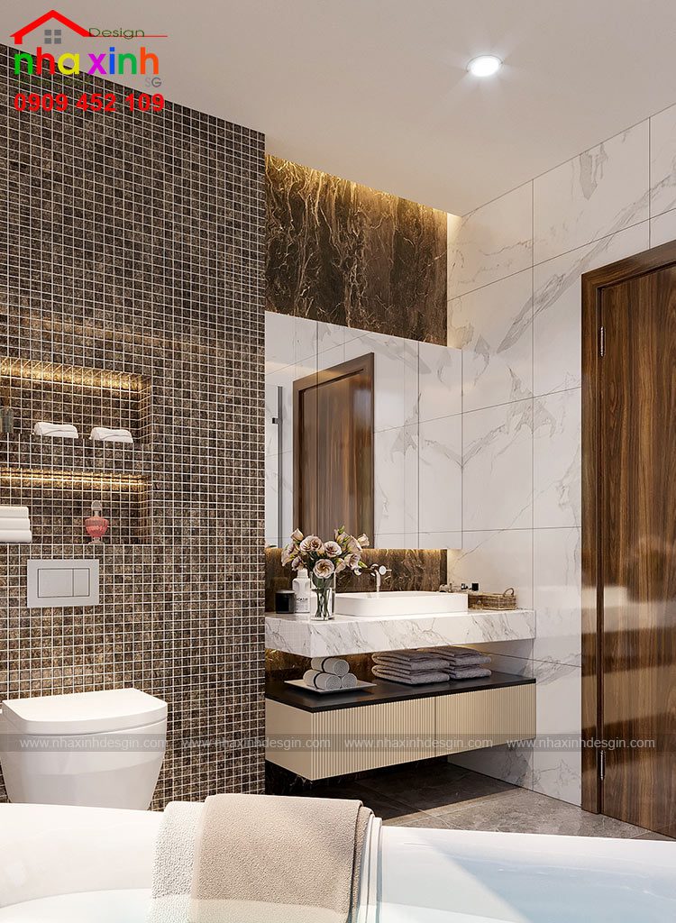 Hình ảnh khu vực lavabo và gương soi của căn phòng wc master trong mẫu biệt thự hiện đại đẹp