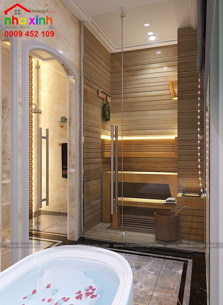 Không gian phòng tắm được tích hợp phòng sauna tiện nghi