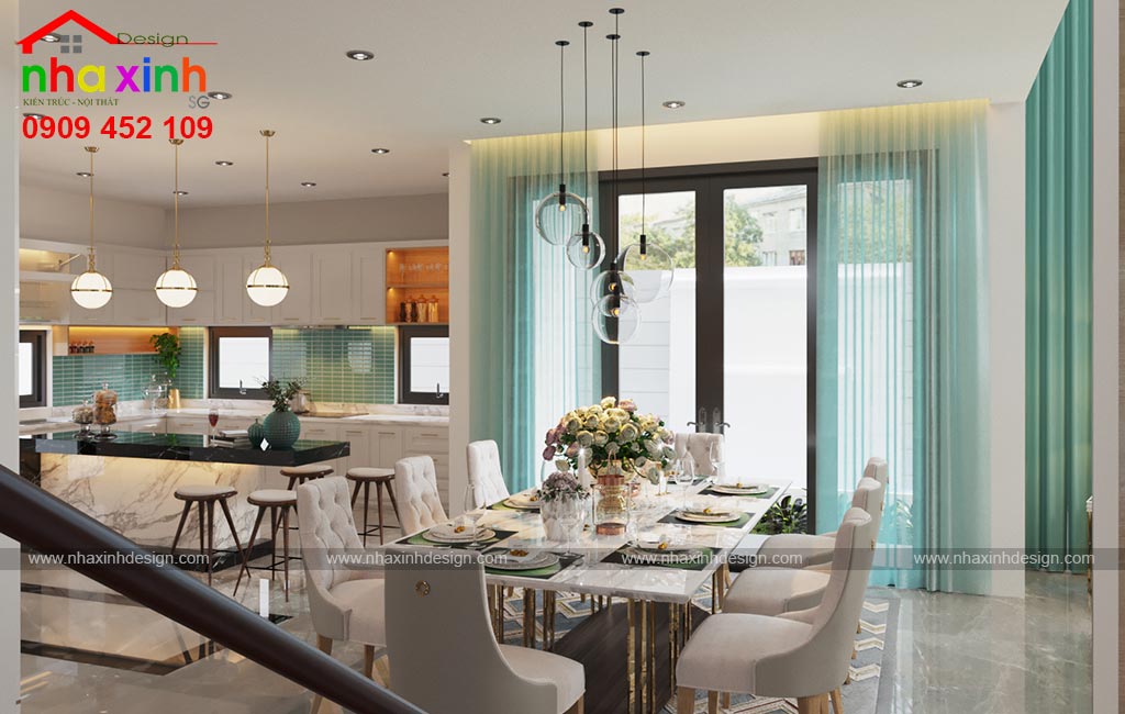 Phòng bếp và bàn ăn trong mẫu biệt thự hiện đại 3 tầng siêu sang được thiết kế chặt chẽ