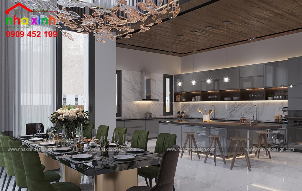 Hình ảnh về nội thất của không gian bàn ăn và phòng bếp của mẫu biệt thự hiện đại đẹp
