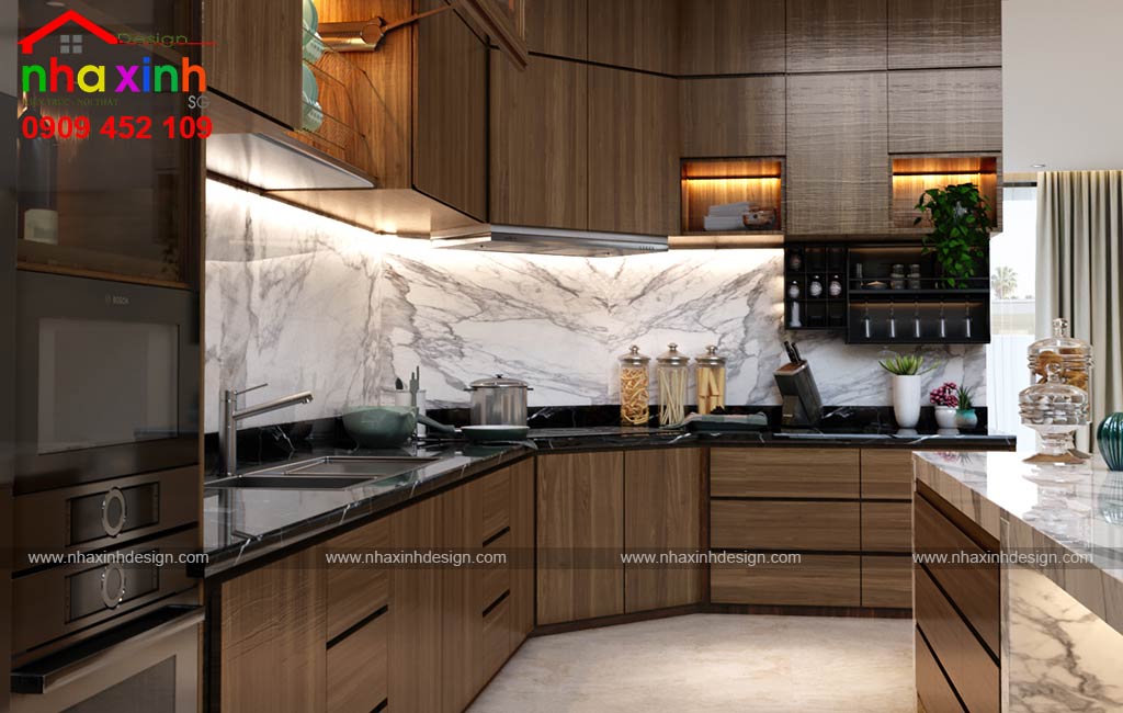 Gian bếp của mẫu biệt thự hiện đại được ốp gạch granite cao cấp