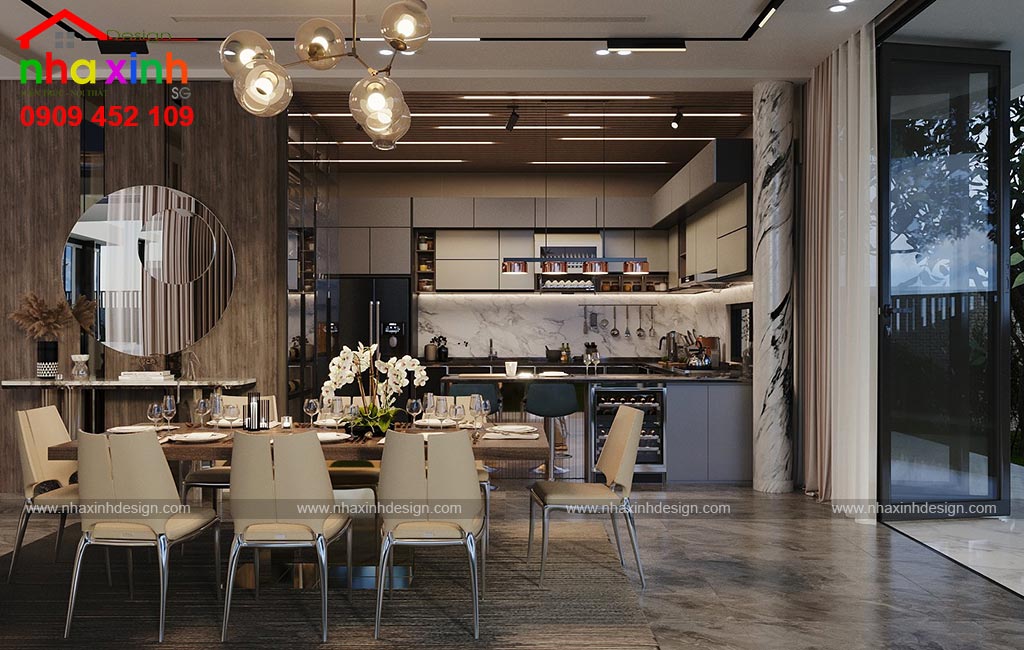 Thiết kế không gian phòng bếp là bàn ăn cho mẫu biệt thự hiện đại đẹp