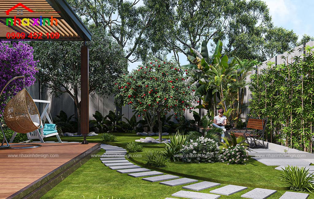 Không gian để thiết kế sân vườn rộng rãi với nhiều tiện ích của mẫu biệt thự hiện đại đẹp