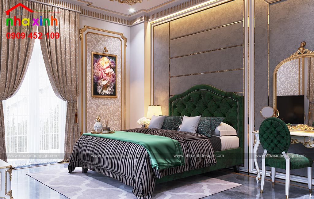 Một gam màu xanh rêu quý phái của căn phòng ngủ khách