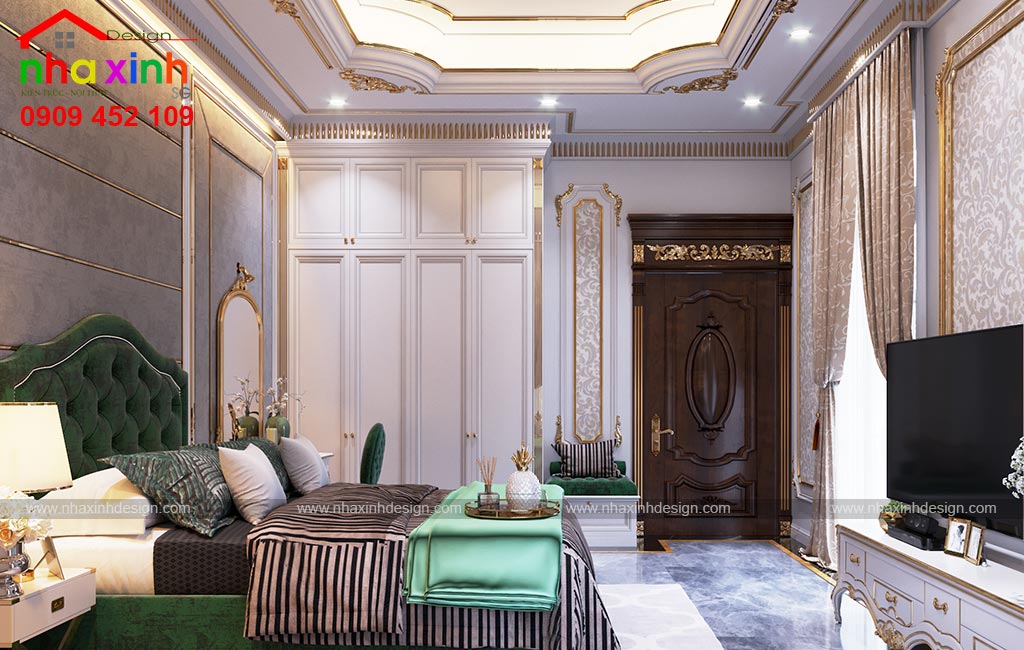 Căn phòng ngủ khách của căn biệt thự cổ điển sang trọng bậc nhất với thiết kế tiện nghi