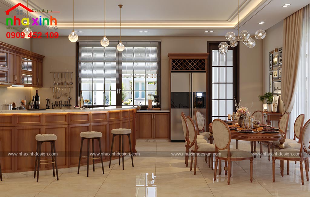 Không gian phòng bếp được thiết kế kết hợp bàn ăn tiện nghi