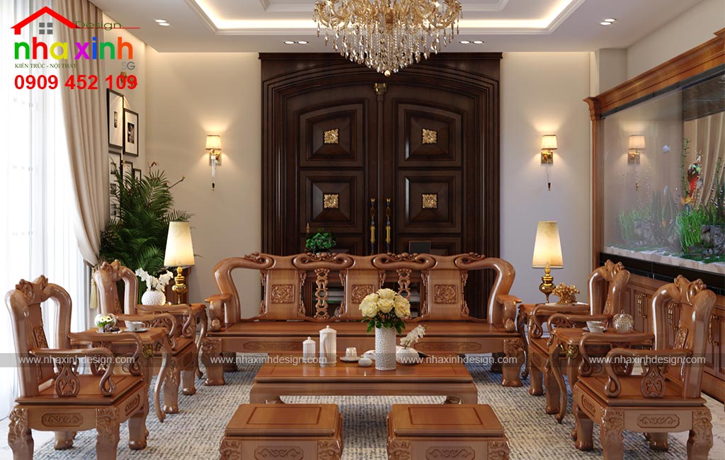 Không gian phòng khách được thiết kế với chất liệu gỗ tự nhiên cao cấp
