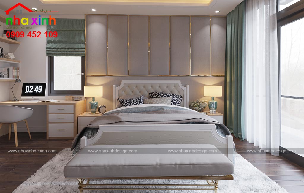 Góc view giường ngủ của phòng master trong mẫu biệt thự 3 tầng hiện đại mái bằng đẹp