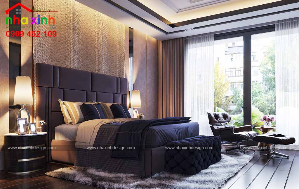 View phòng ngủ master trong mẫu biệt thự hiện đại 4 tầng sang trọng 480m2 đẹp được thiết kế thoáng mát thư giãn