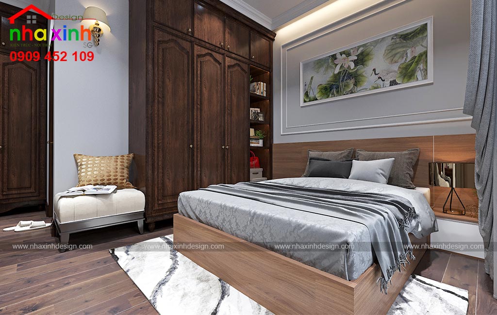 Không gian phòng ngủ được sử dụng với tone màu trầm ấm, nhẹ nhàng & thanh lịch