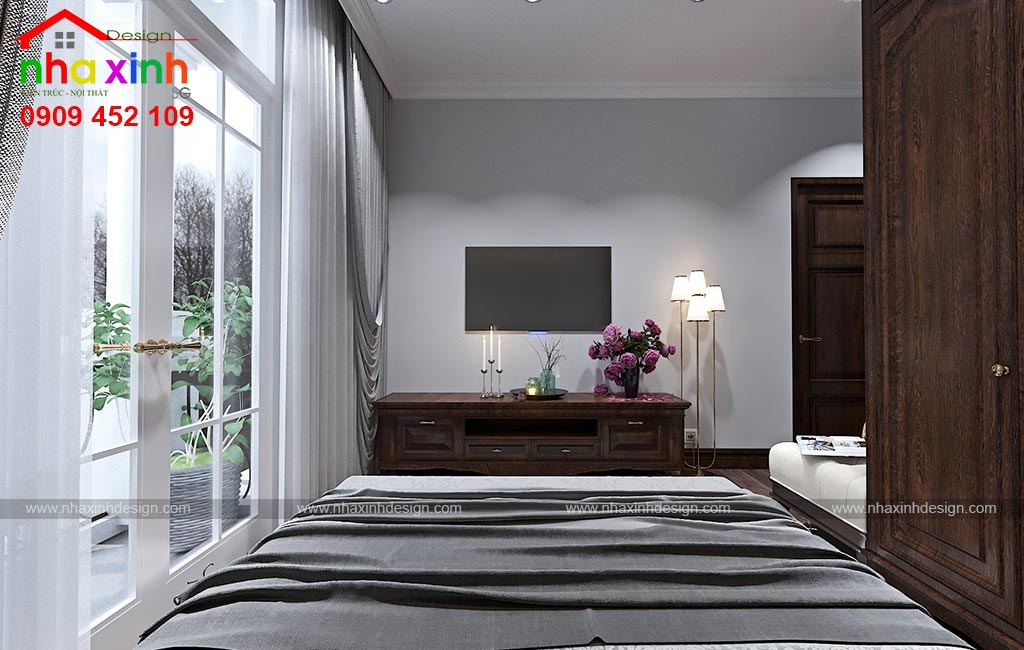 Phòng ngủ được thiết kế với view ban công thông thoáng, hai hòa với thiên nhiên