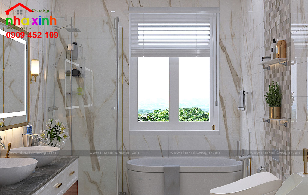 Phòng vệ sinh với view cửa sổ thông thoáng giúp lấy sáng tự nhiên hiệu quả