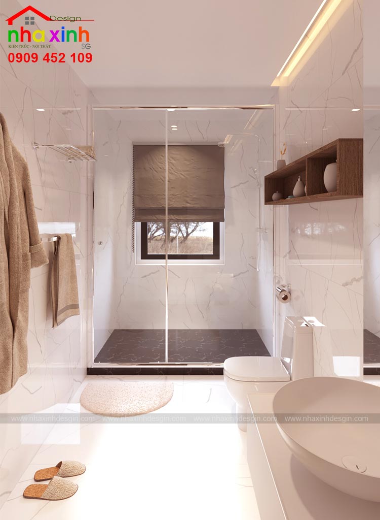 Không gian phòng tắm kết hợp khung cửa sổ nhỏ để lấy sáng, tạo sự thông thoáng