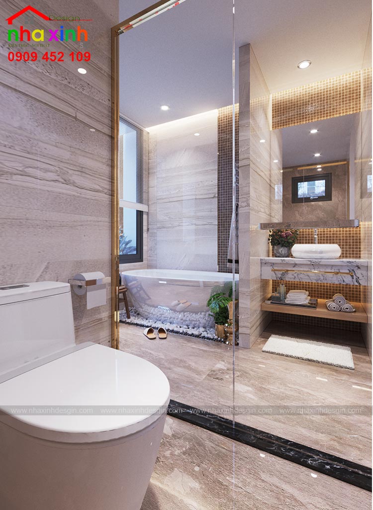 View bồn tắm và lavabo trong căn phòng wc ông bà của mẫu thiết kế biệt thự đẹp