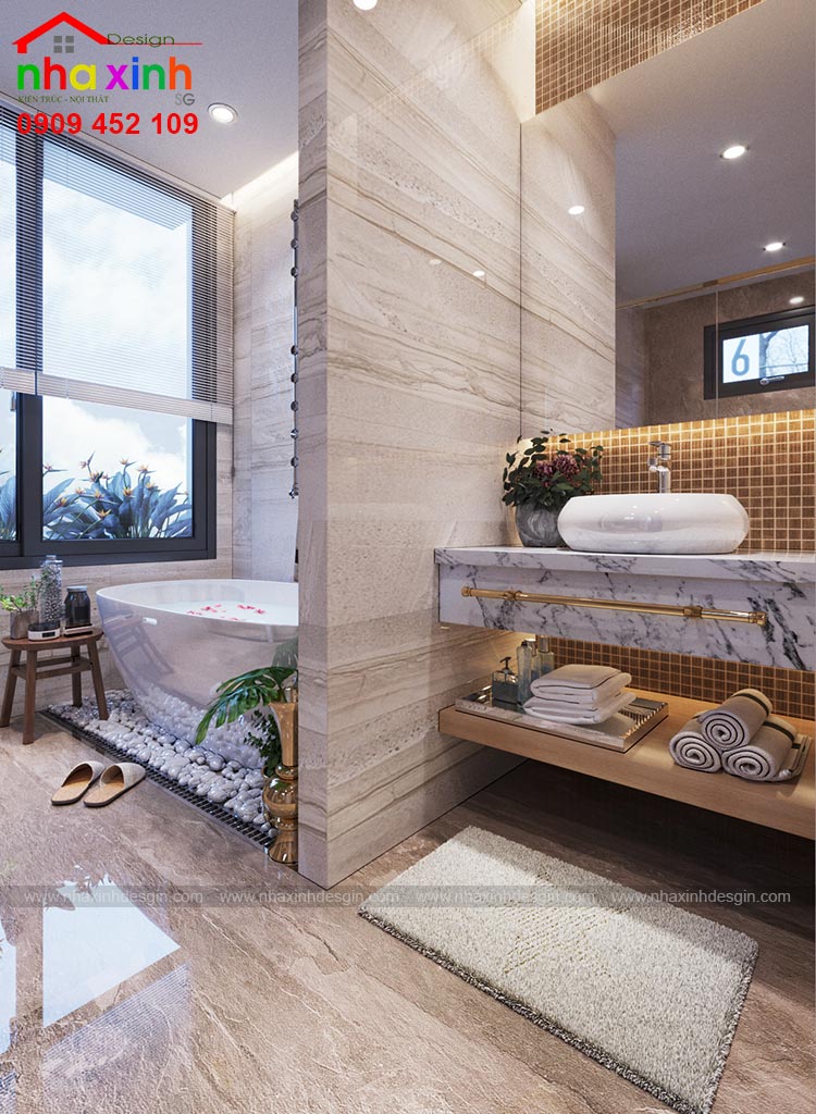 Thiết kế nội thất phòng tắm có bồn tắm tiện nghi