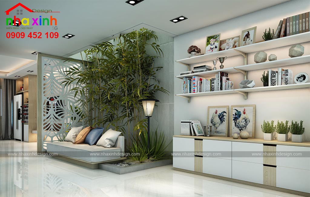 Không gian đọc sách liên kết với phòng khách trong mẫu nội thất hiện đại không gian xanh