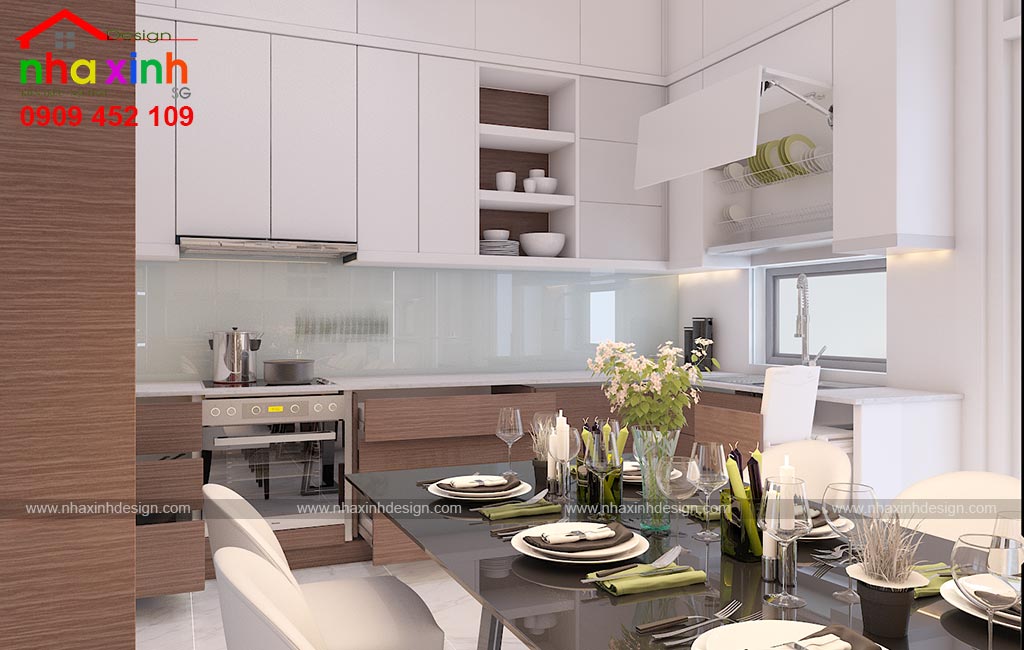 Không gian bếp cùng với bàn ăn đều được thiết kế với gam màu tươi mát