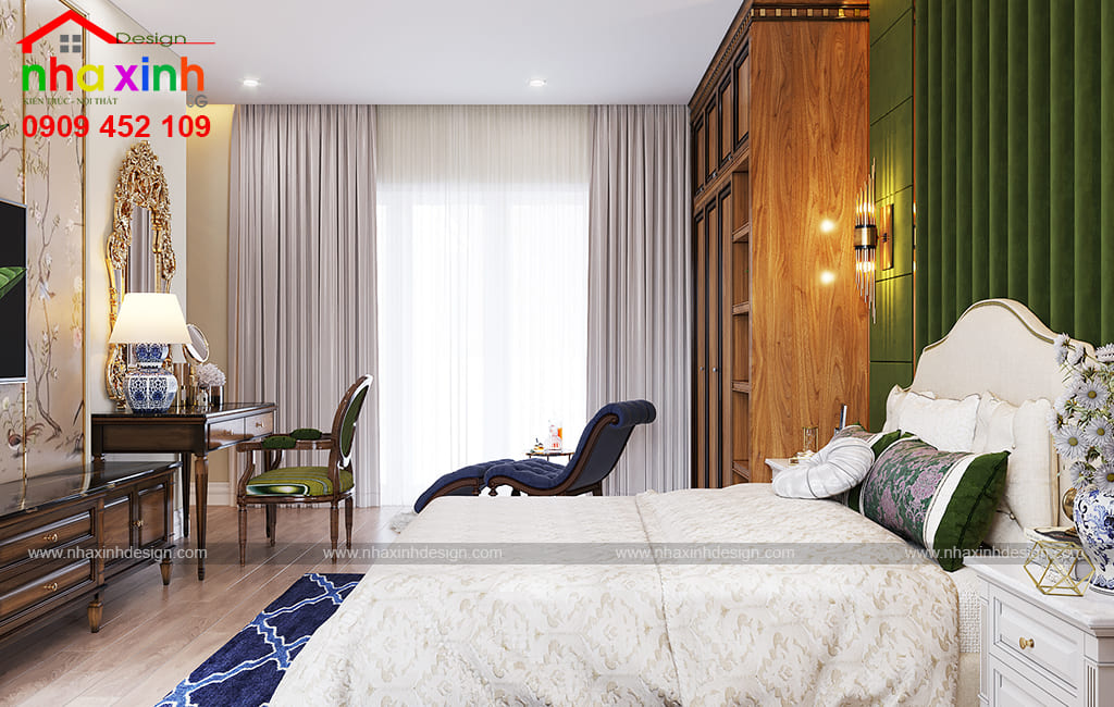 Phòng ngủ master được thiết kế với gam màu ấm áp nhẹ nhàng