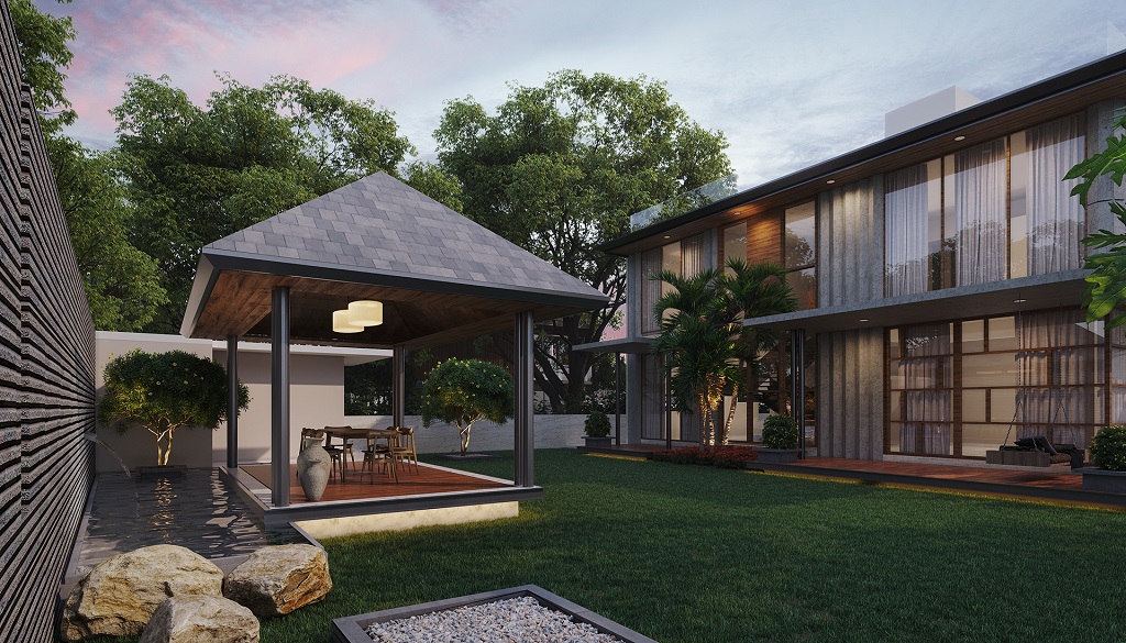 Mẫu nhà biệt thự sân vườn mái bằng tông màu gỗ ấm áp view 2