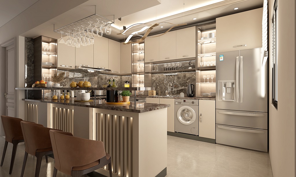 Mẫu thiết kế phòng bếp đẹp hiện đại cho chung cư view 1
