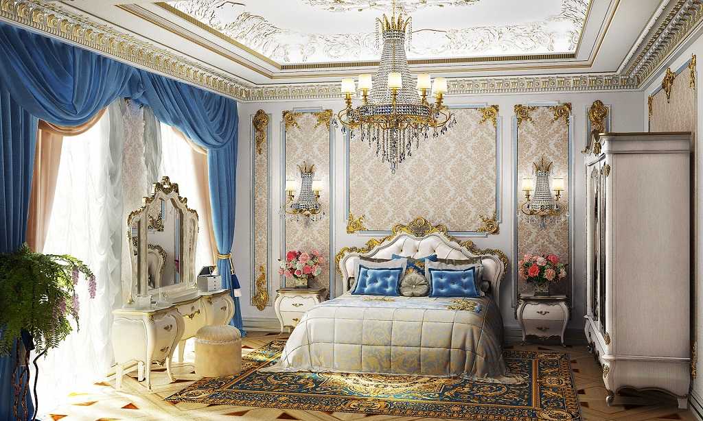 Phòng ngủ cổ điển với bộ rèm xanh lam view 01