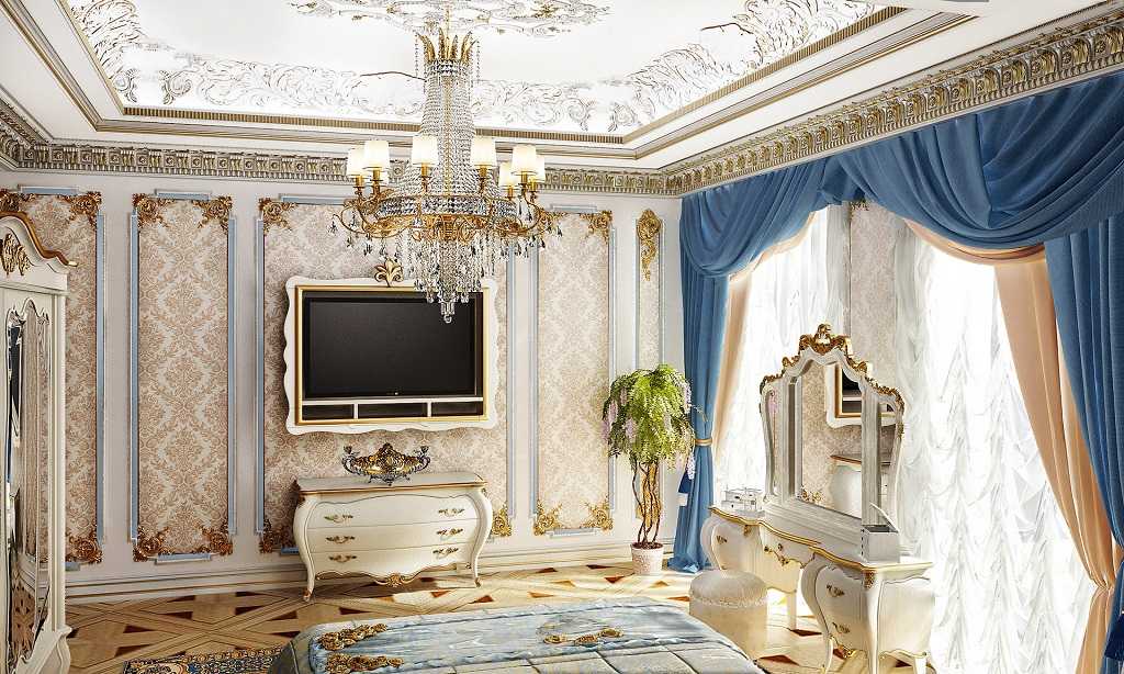 Phòng ngủ cổ điển với bộ rèm xanh lam view 02