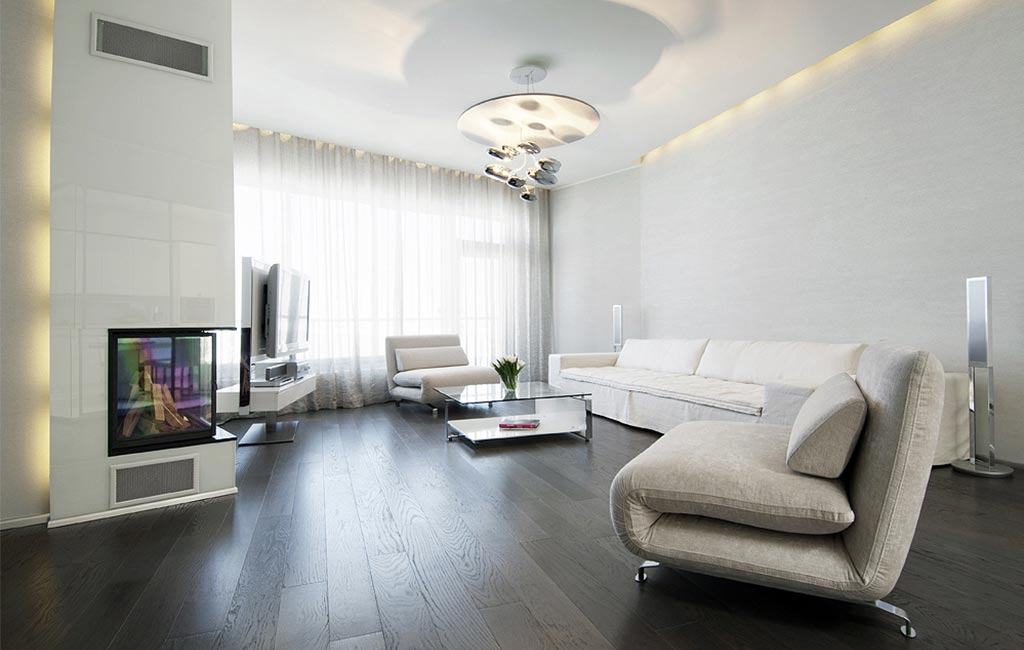 Thiết kế phòng khách nội thất căn hộ trắng với thiết kế hiện đại cùng ánh đèn lấp lánh