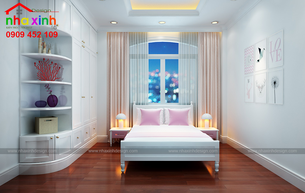 Phòng ngủ được tạo điểm nhấn bởi gam màu nhẹ nhàng tươi sáng