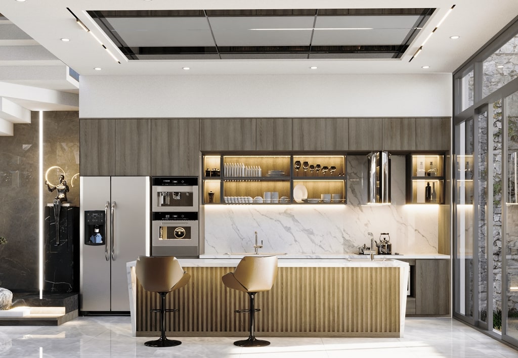 Không gian phòng bếp được thiết kế hướng đến sự tiện nghi, sang trọng và tinh tế