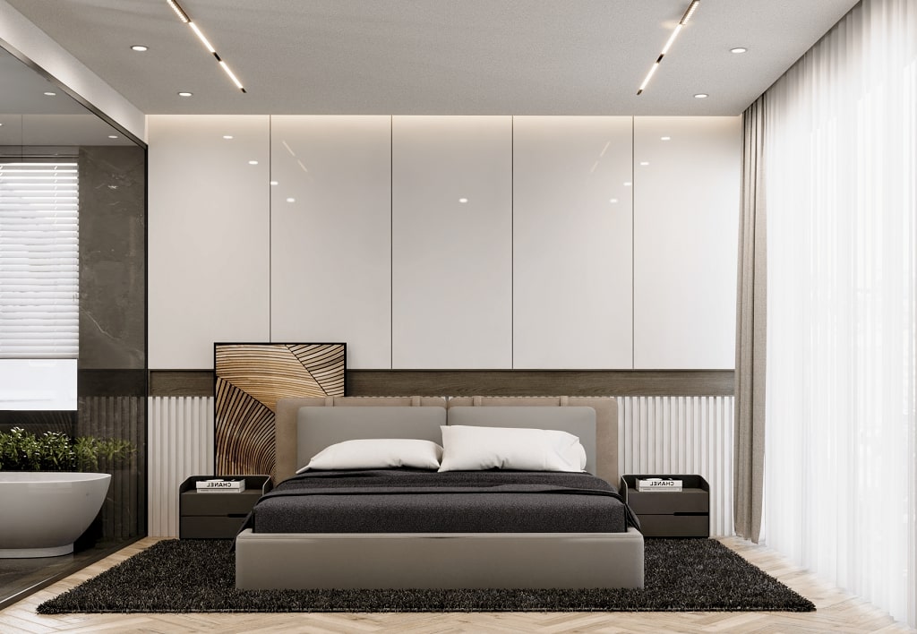 Không gian phòng ngủ được sử dụng nổi bật với tone màu trắng tinh tế và sang trọng