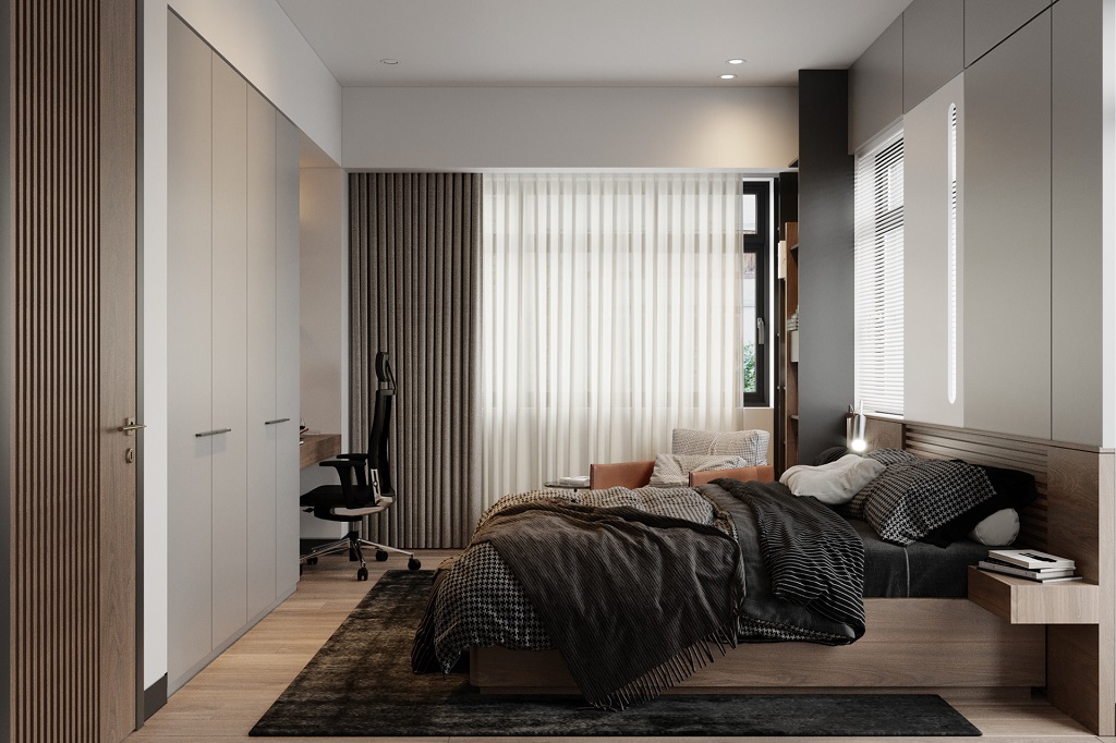 Gam màu gỗ tạo cho không gian phòng ngủ trở nên sang trọng hơn