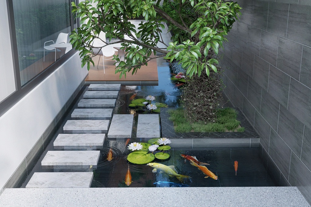 Sân vườn biệt thự với ý tưởng thiết kế hồ các khoi tạo khuôn viên xanh mát